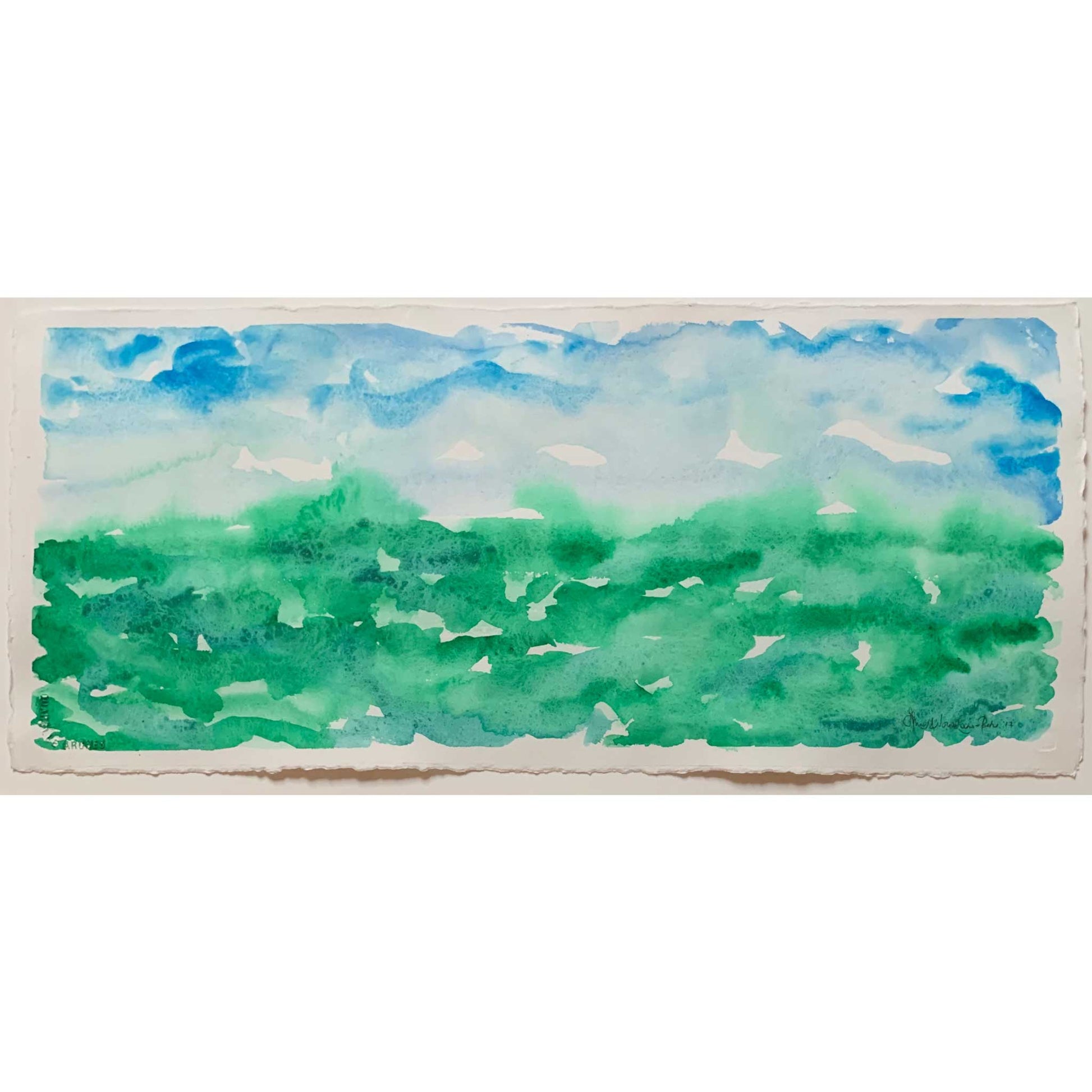 Gathering Mist blue green horizon watercolor painting, closeup view, highly textured paper edges