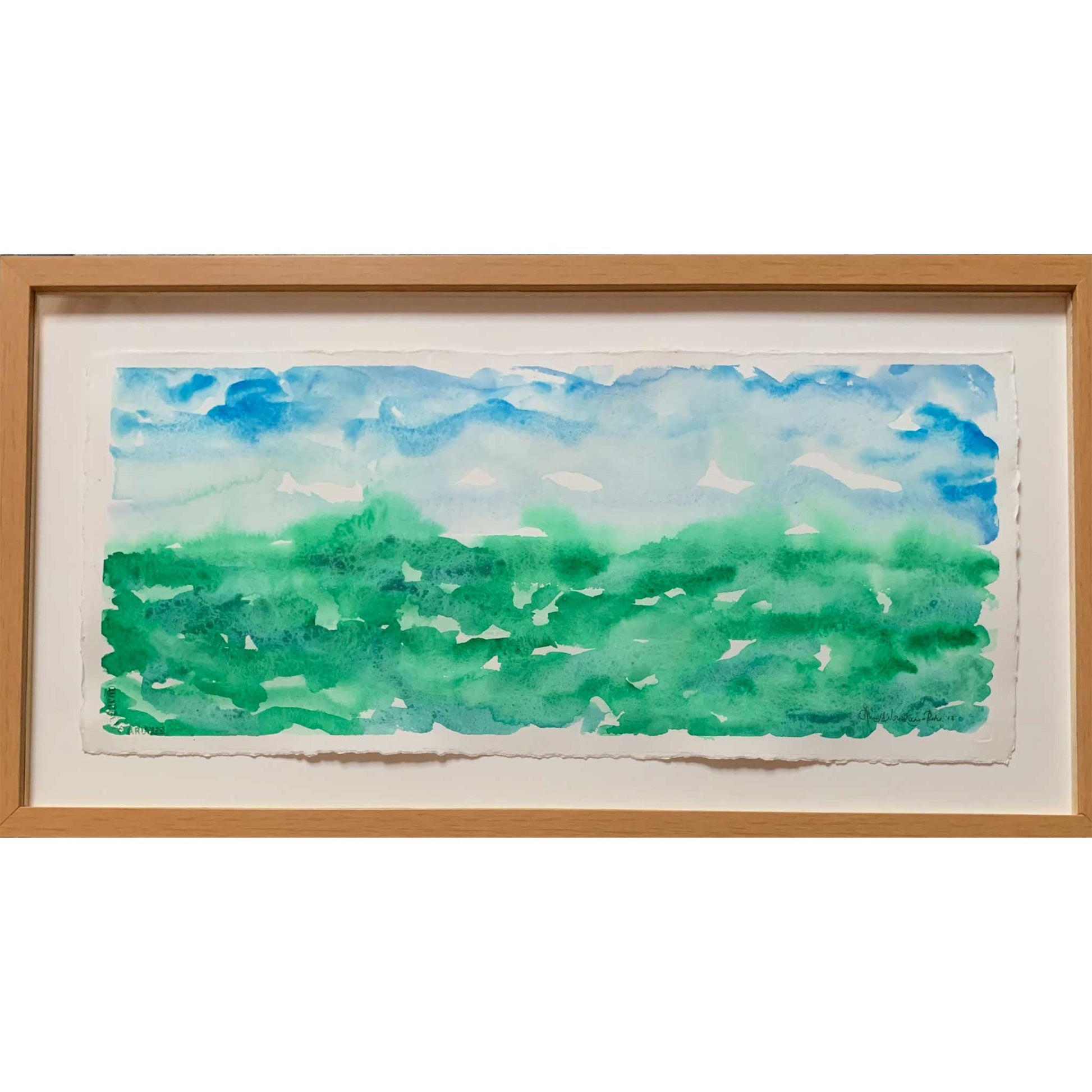 Gathering Mist blue green horizon watercolor painting, closeup view, frame, textured paper edges