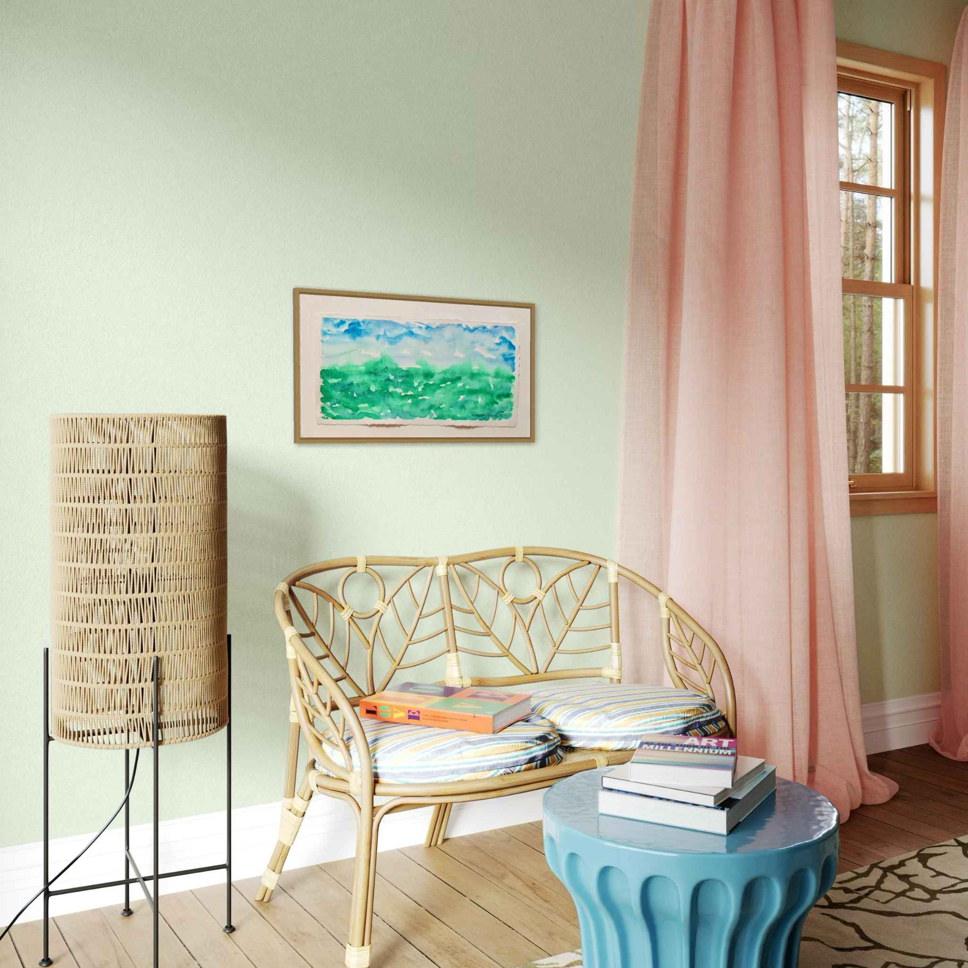 Gathering Mist blue green horizon watercolor painting, angled view, green wall, peach curtains