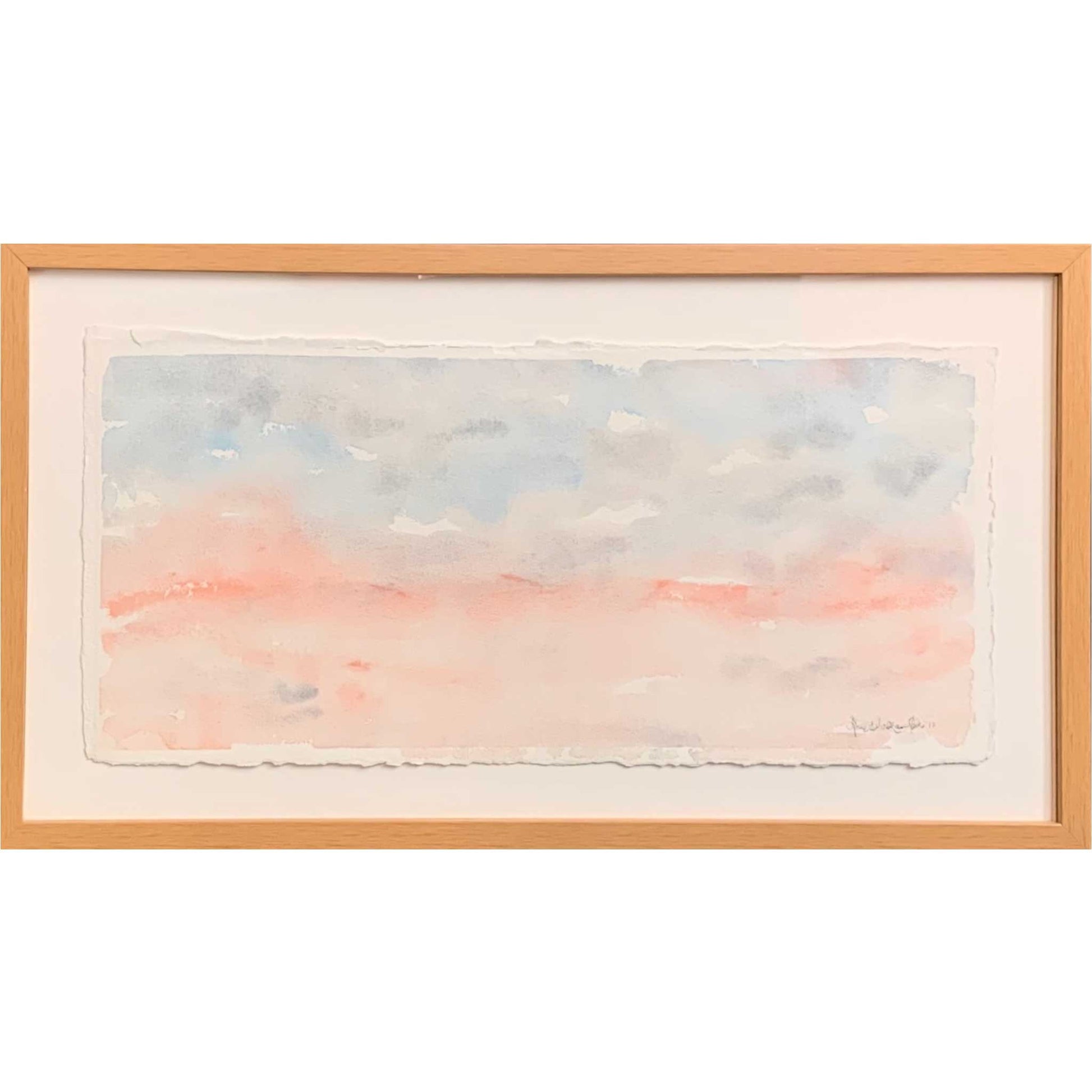 Gentle (Peace) blue, gray, pink horizon watercolor painting closeup, frame, torn paper edges