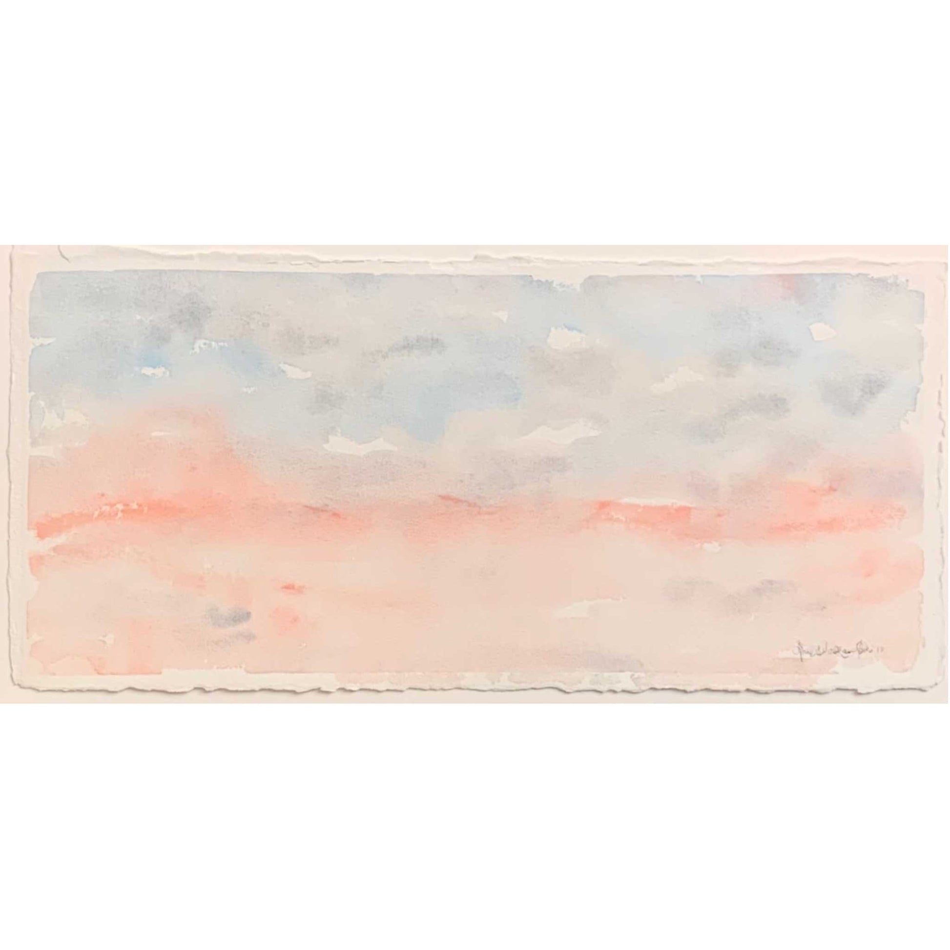 Gentle (Peace) blue, gray, pink horizon watercolor painting, closeup  highly textured, torn edges