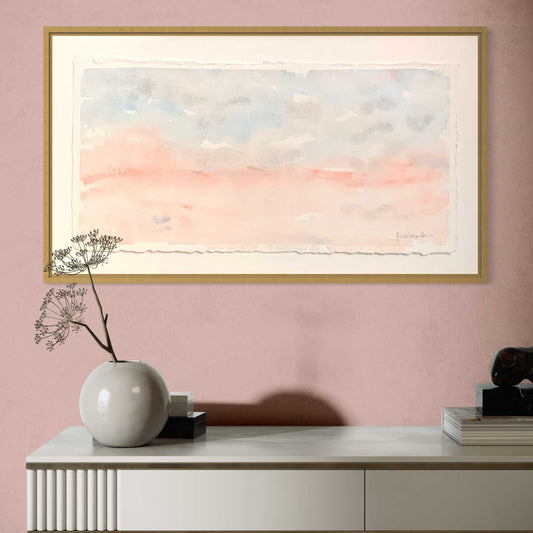 Gentle (Peace) blue, gray, pink horizon watercolor painting, pink wall above white side table
