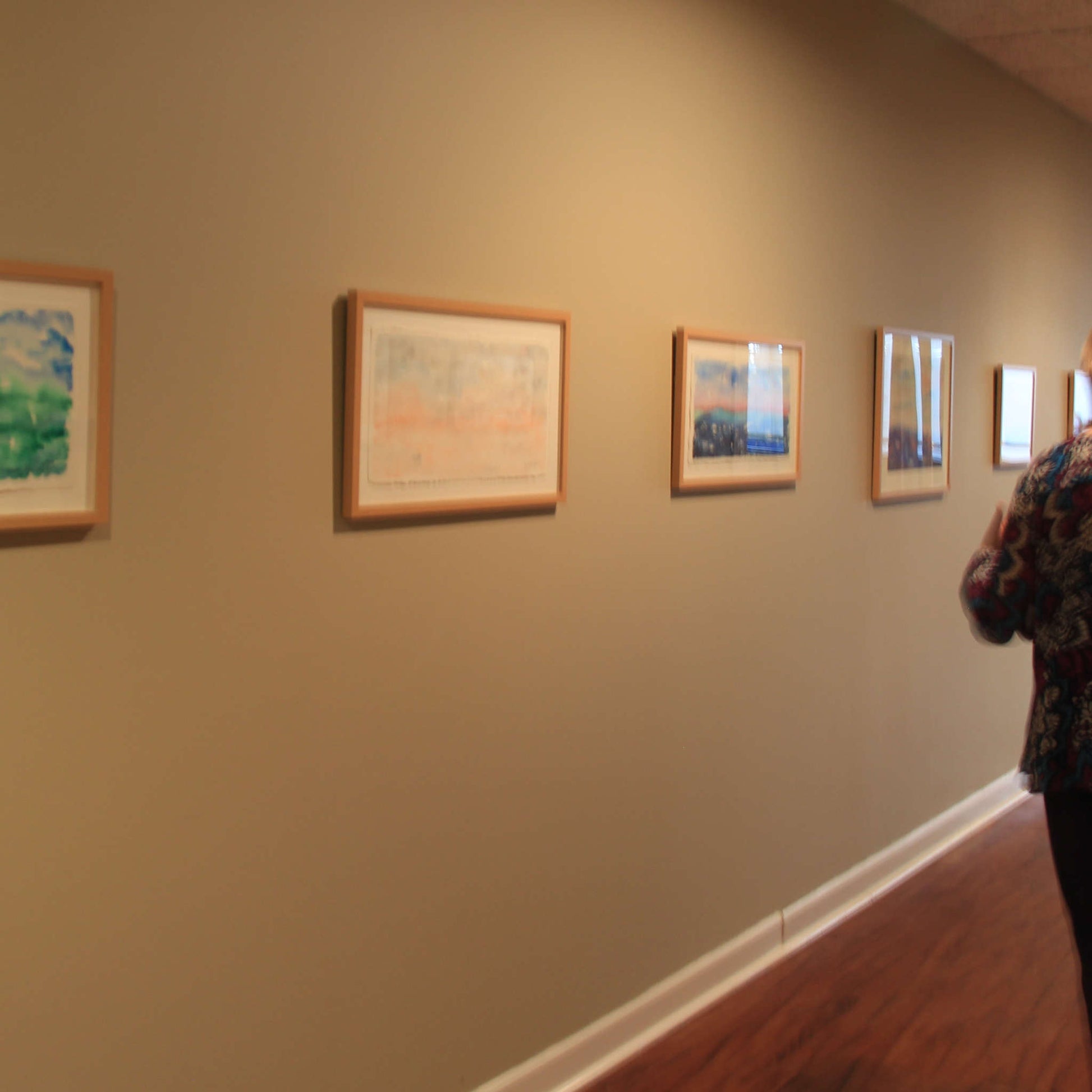 Gentle (Peace) blue, gray, pink horizon watercolor painting, solo art show installation day