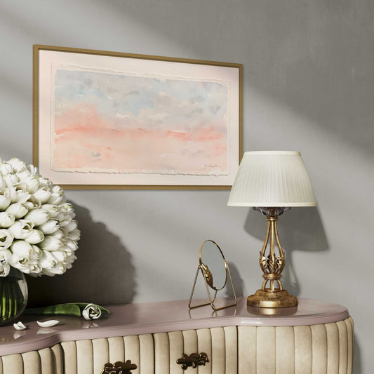 Gentle (Peace) blue, gray, pink horizon watercolor painting, angled view above side table, roses