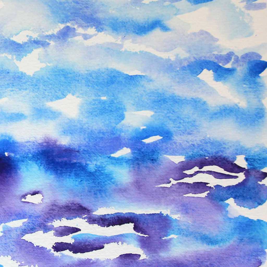 Getting Ready blue purple horizon watercolor landscape painting, closeup, colors at horizon line