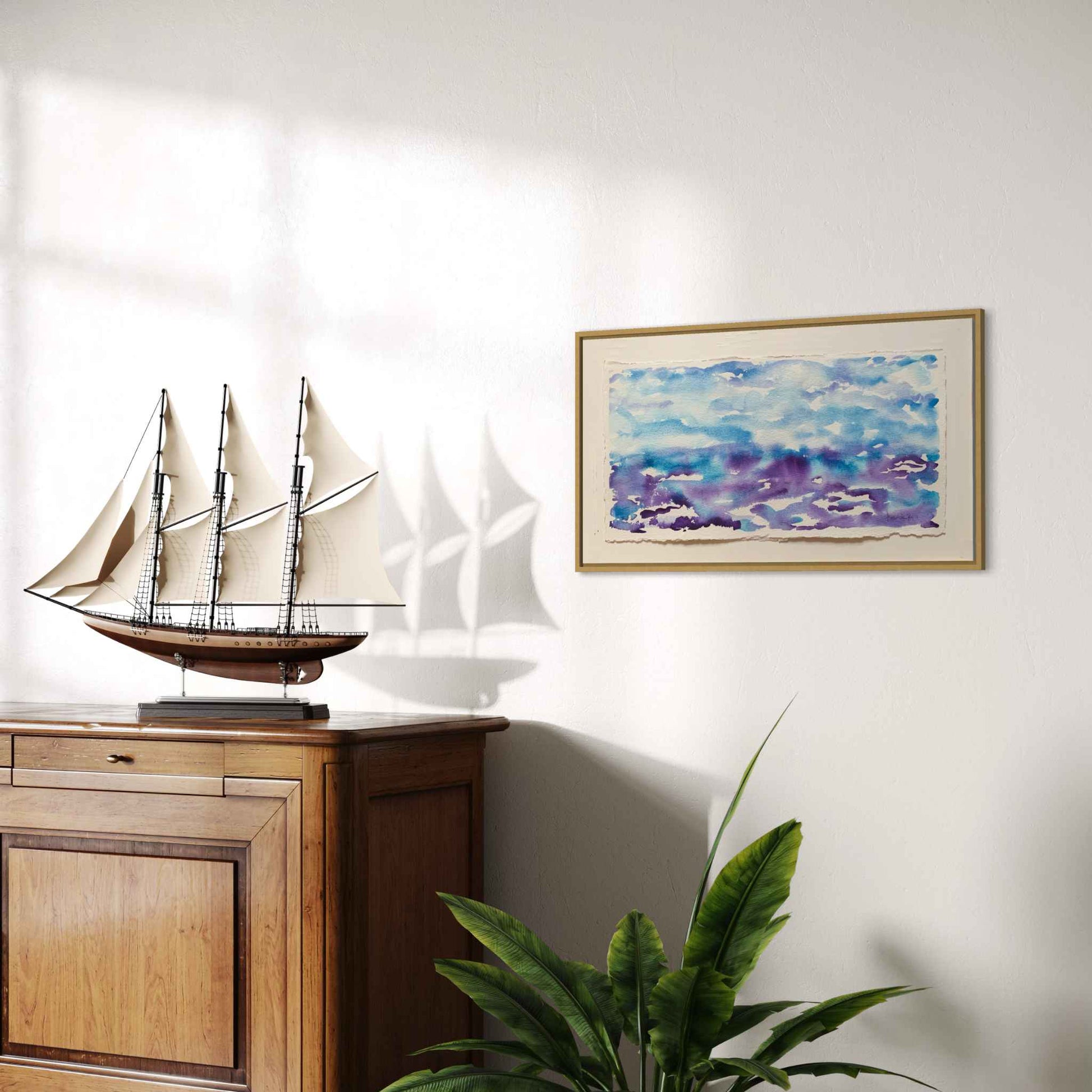 Getting Ready blue purple horizon watercolor painting, angled view in sunny room, model ship