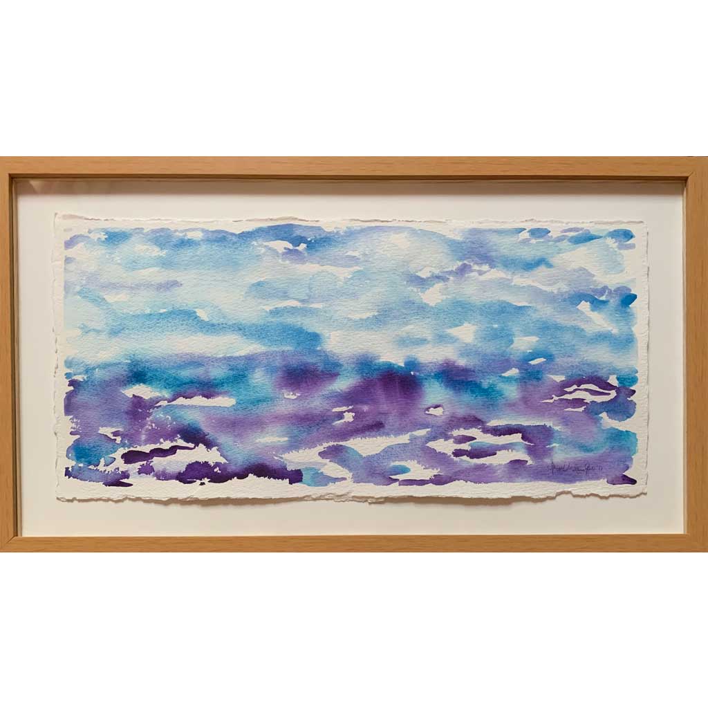 Getting Ready blue purple horizon watercolor landscape painting, closeup frame, textured paper