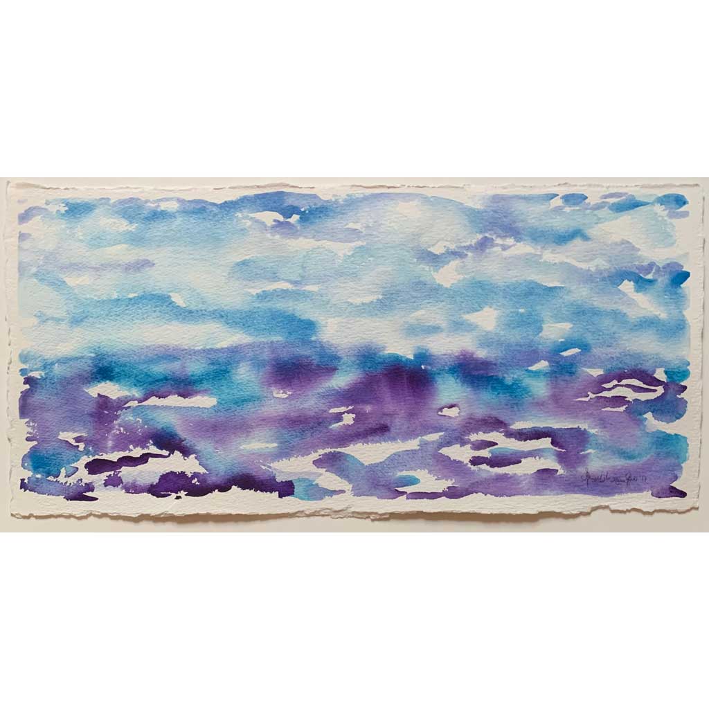 Getting Ready blue purple horizon watercolor landscape painting, closeup textured, torn edges