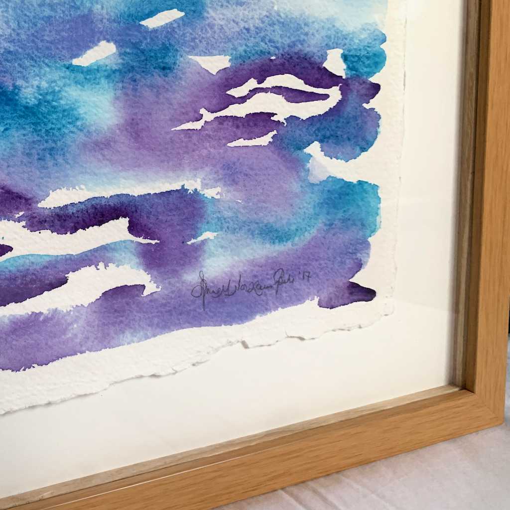 Getting Ready blue purple horizon watercolor landscape painting, closeup, lower right frame, paper