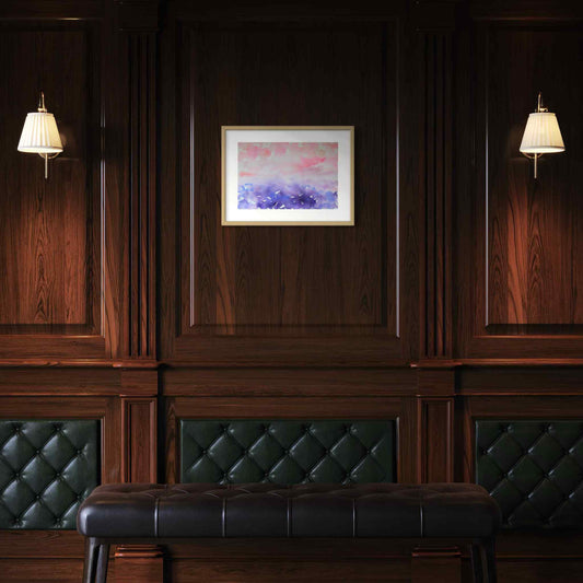 Happy Mist pink purple framed horizon watercolor dark paneled wall above leather upholstered bench