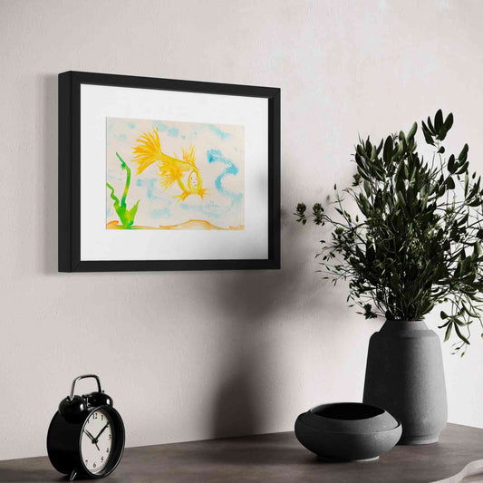 Cheerful, whimsical yellow fish watercolor painting, framed, angled closeup view