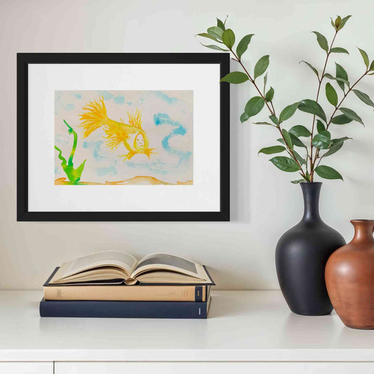 Smiling yellow fish watercolor painting, framed, closeup view