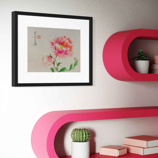Bright pink and red flower and bud watercolor painting, framed, angled closeup view