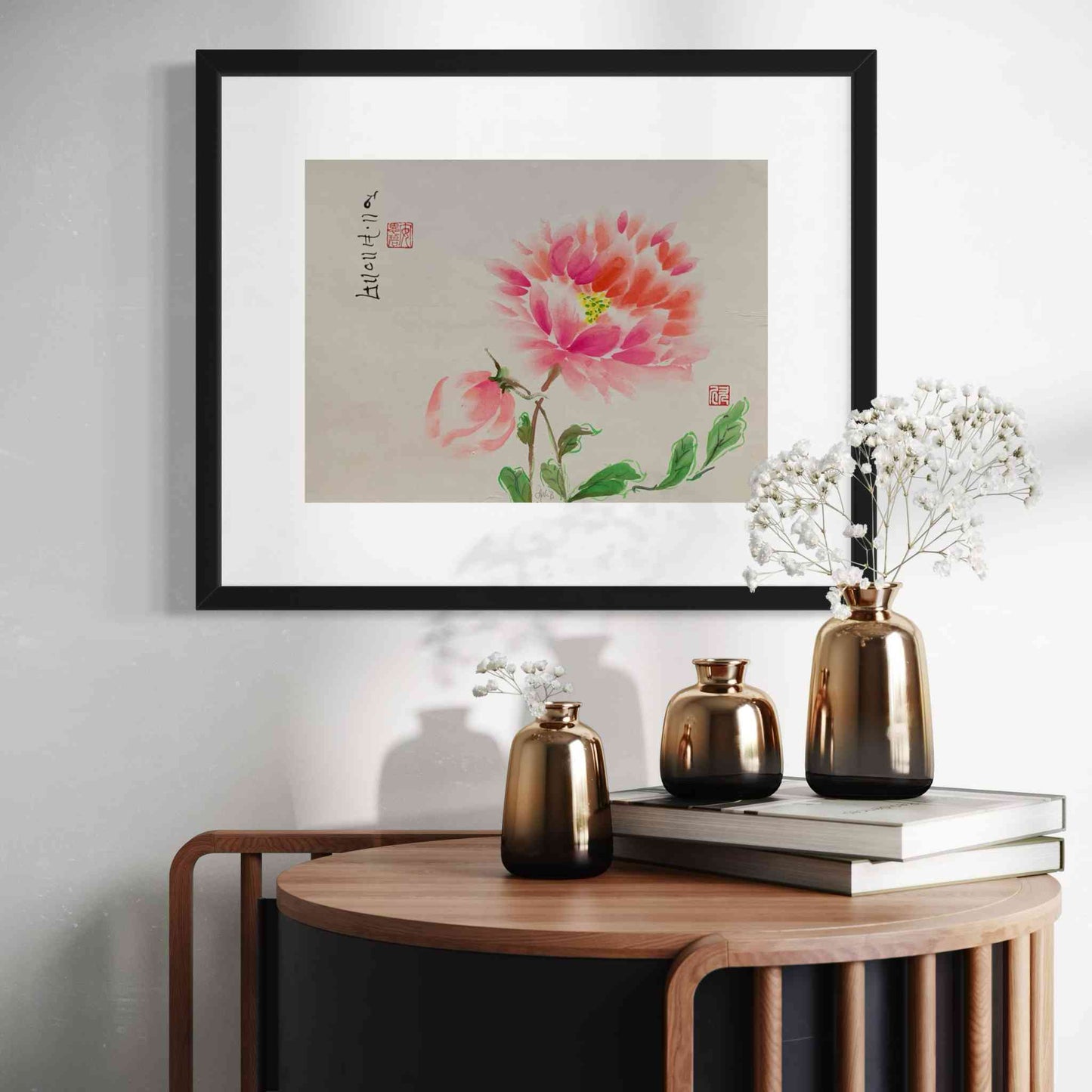 Bright pink and red flower with bud framed watercolor painting, closeup view