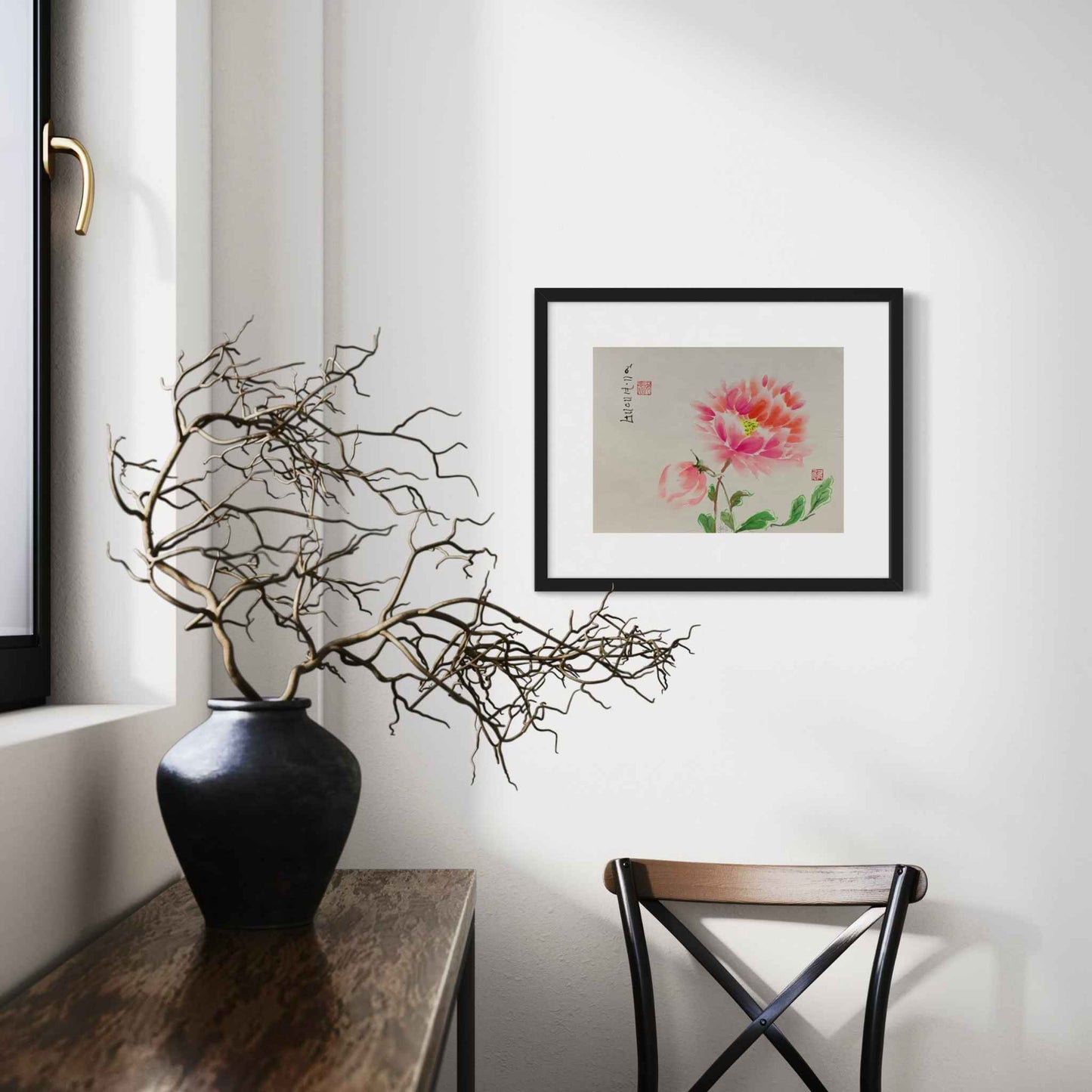 Bright pink and red flower with bud framed watercolor painting, sunny room
