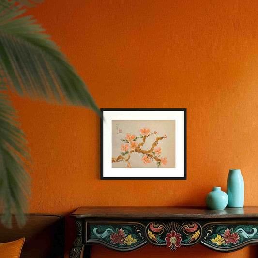 Happy peach-pink blossoms on brown branch - framed watercolor painting on super bright orange wall