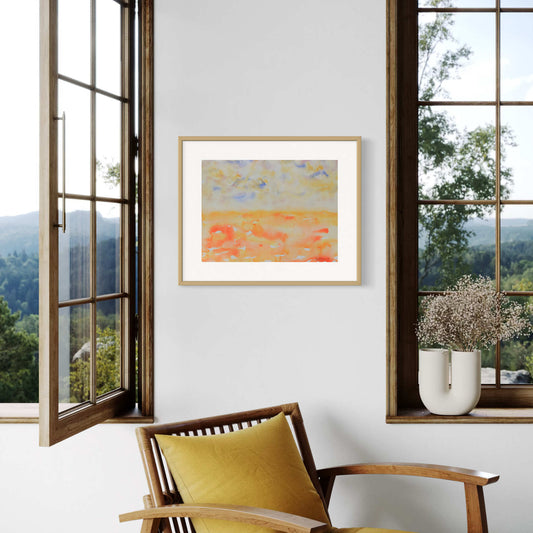 Morning Light blue, orange, yellow watercolor painting above chair, between windows, mountain view