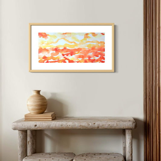 Orange Joy orange, yellow, red watercolor landscape framed, displayed in home interior