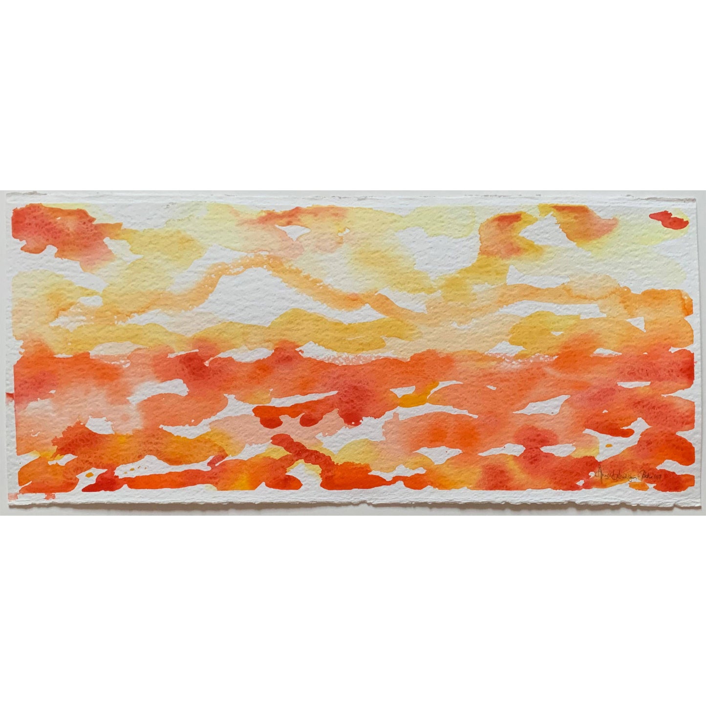 Orange Joy orange, yellow, and red watercolor landscape, closeup view with textured edges