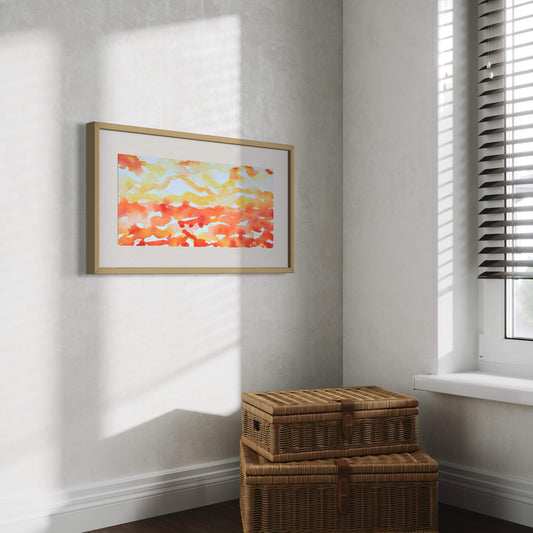 Orange Joy orange, red, yellow horizon landscape, office interior, sunlight through window blinds