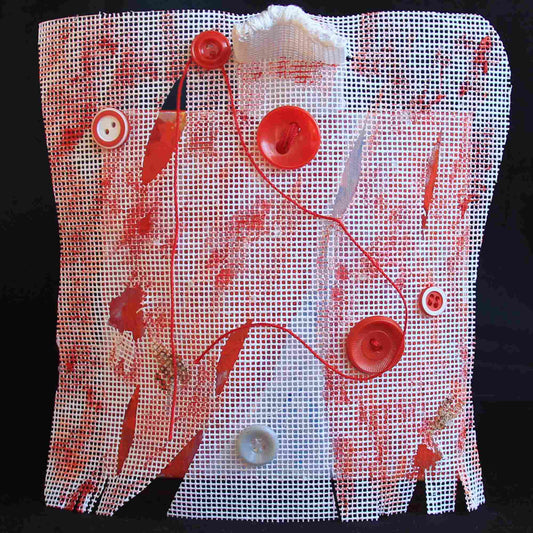 Red and white mixed media piece Red Coat Remembered, red buttons and thread, white grid, closeup