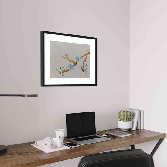 Delicate blue blue blossoms on brown branch, framed watercolor painting, angled view home office