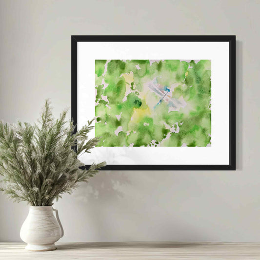 Silvery dragonfly in green garden framed watercolor painting closeup -view