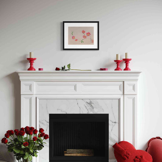 Watercolor painting - five pink flowers, framed, displayed above white mantel with red accessories