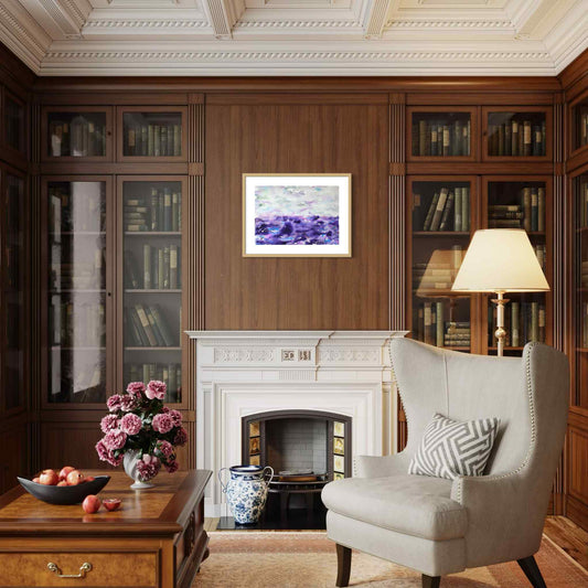 Surge purple pearl gray framed horizon watercolor painting, dark wood library above mantel