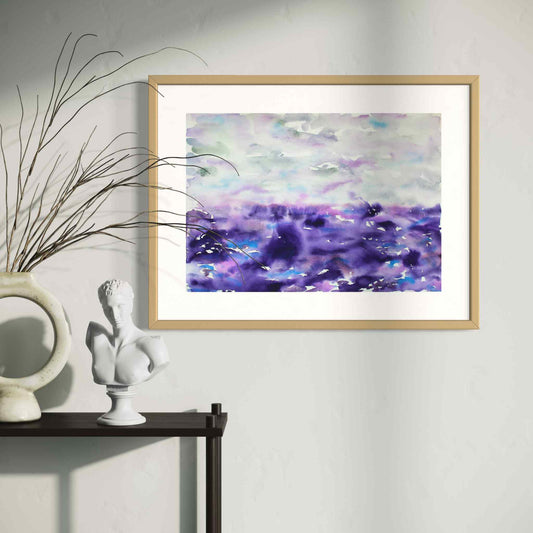 Surge purple pearl gray horizon watercolor painting, white wall, black side table and sculpture