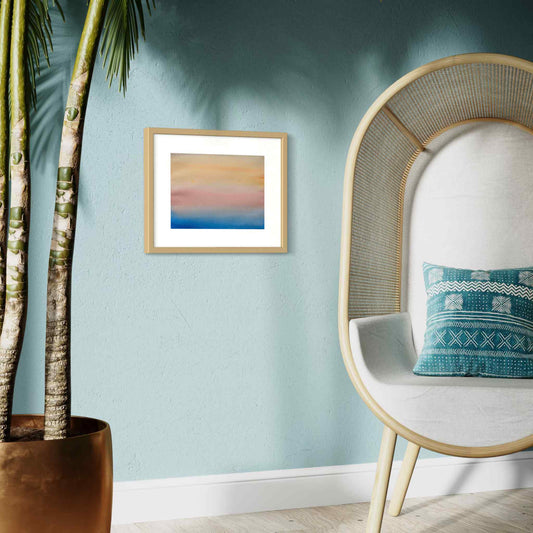 Tranquility pastel horizon watercolor, angled view on aqua wall with plant and chair