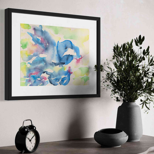 Blue sea creature whimsical watercolor painting, framed, closeup angled view