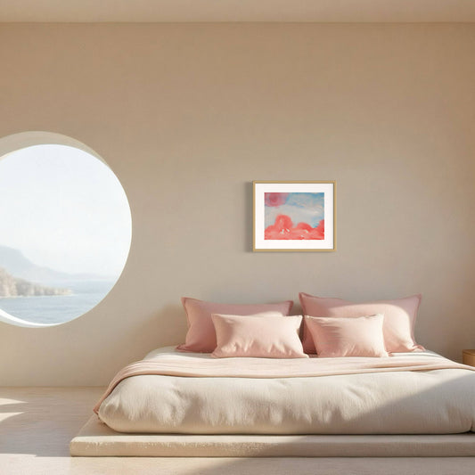 Whimsy red and blue horizon watercolor painting in sunny, casual bedroom
