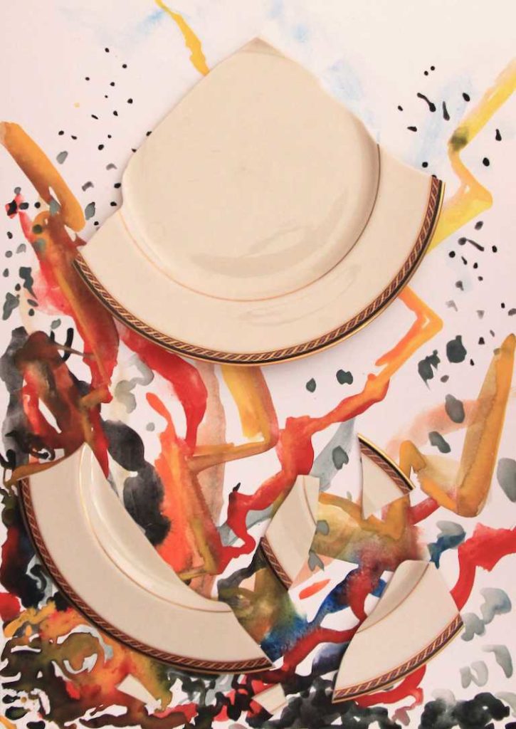 Broken Home mixed media art piece - broken Lenox china with watercolor