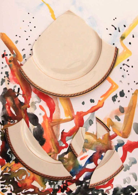 Broken Home mixed media art piece - broken Lenox china with watercolor