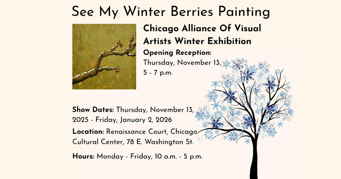 Poster for Winter Berries painting in art exhibition with tree illustration.