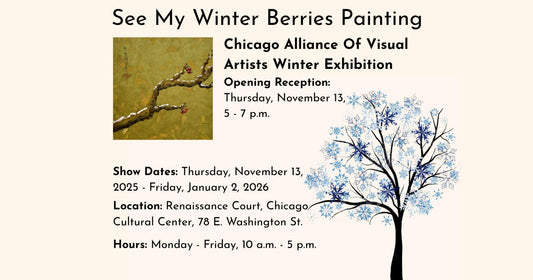 Poster for Winter Berries painting in art exhibition with tree illustration.