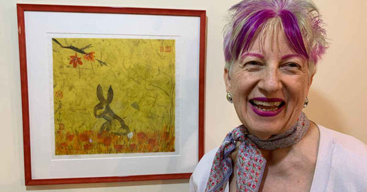 Artist Anne Nordhaus-Bike with her Backyard Bunny In Grass Autumn watercolor painting