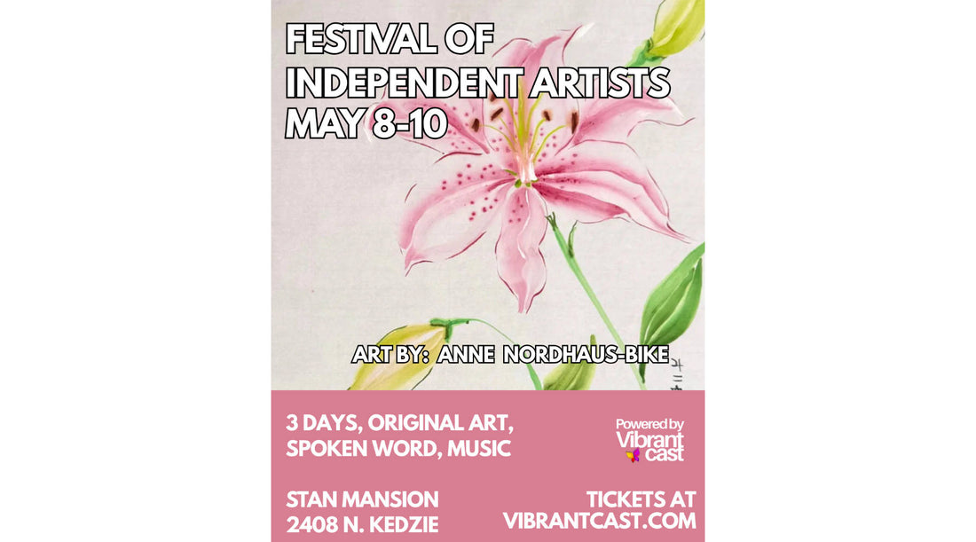 Festival of Independent Artists poster with pink flower illustration and event details.