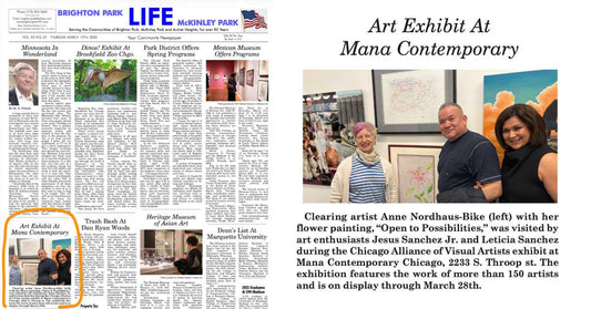 Newspaper front page and closeup of photo and story about flower painting