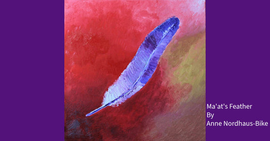Ma'at's Feather oil painting by Anne Nordhaus-Bike: purple-white feather, red and gold background