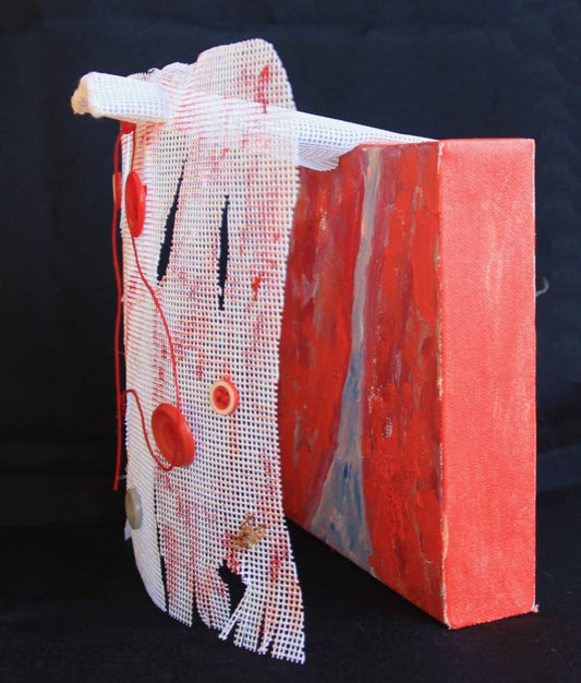 Mixed media red and white painting on needlepoint canvas and stretched canvas with red buttons and thread