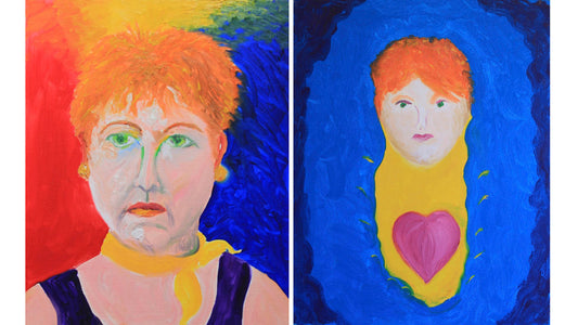 Two brightly colored self-portraits by Anne Nordhaus-Bike-Progressed Sun In Scorpio (Self-Portrait), oil on canvas, and oil self-portrait of woman with orange hair and heart against blue background