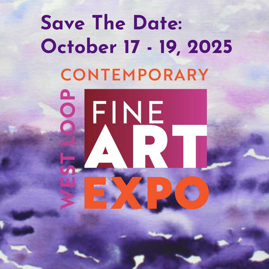 West Loop Contemporary Fine Art Expo graphic with dates, purple abstract painting background.