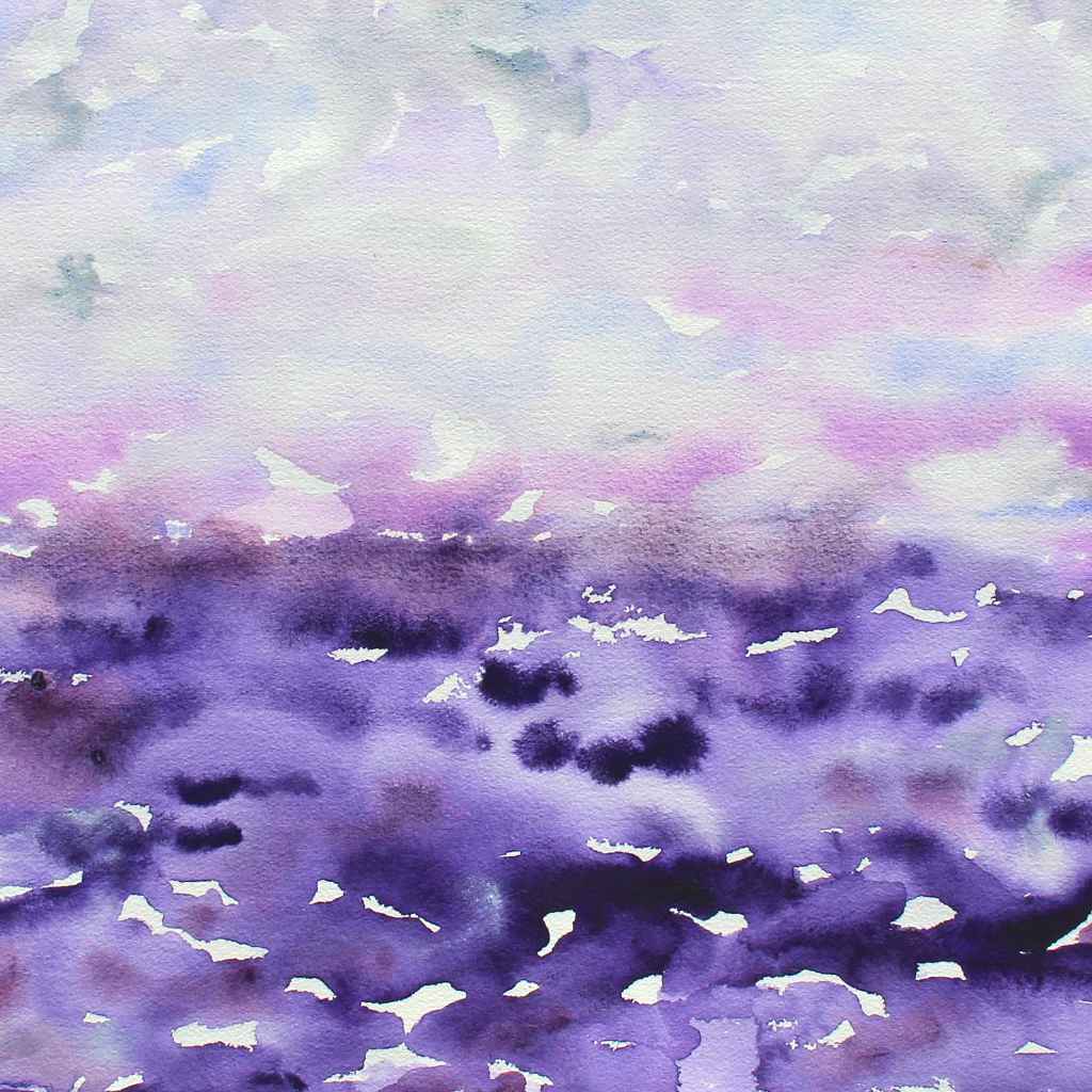 Purple and pearl gray horizon watercolor painting, playful dots of dark purple in lower half
