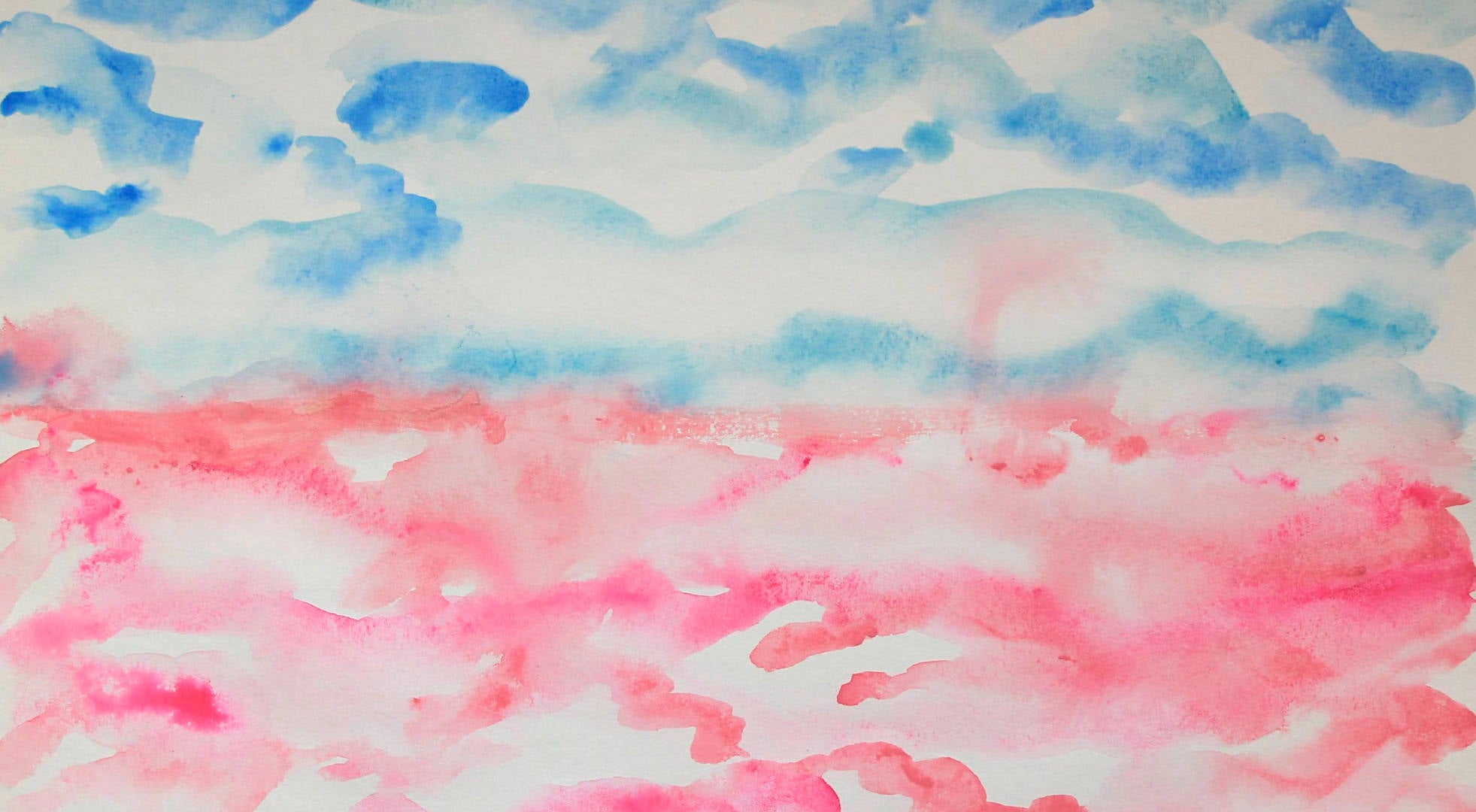 Hot pink and sky blue semi-abstract landscape watercolor painting