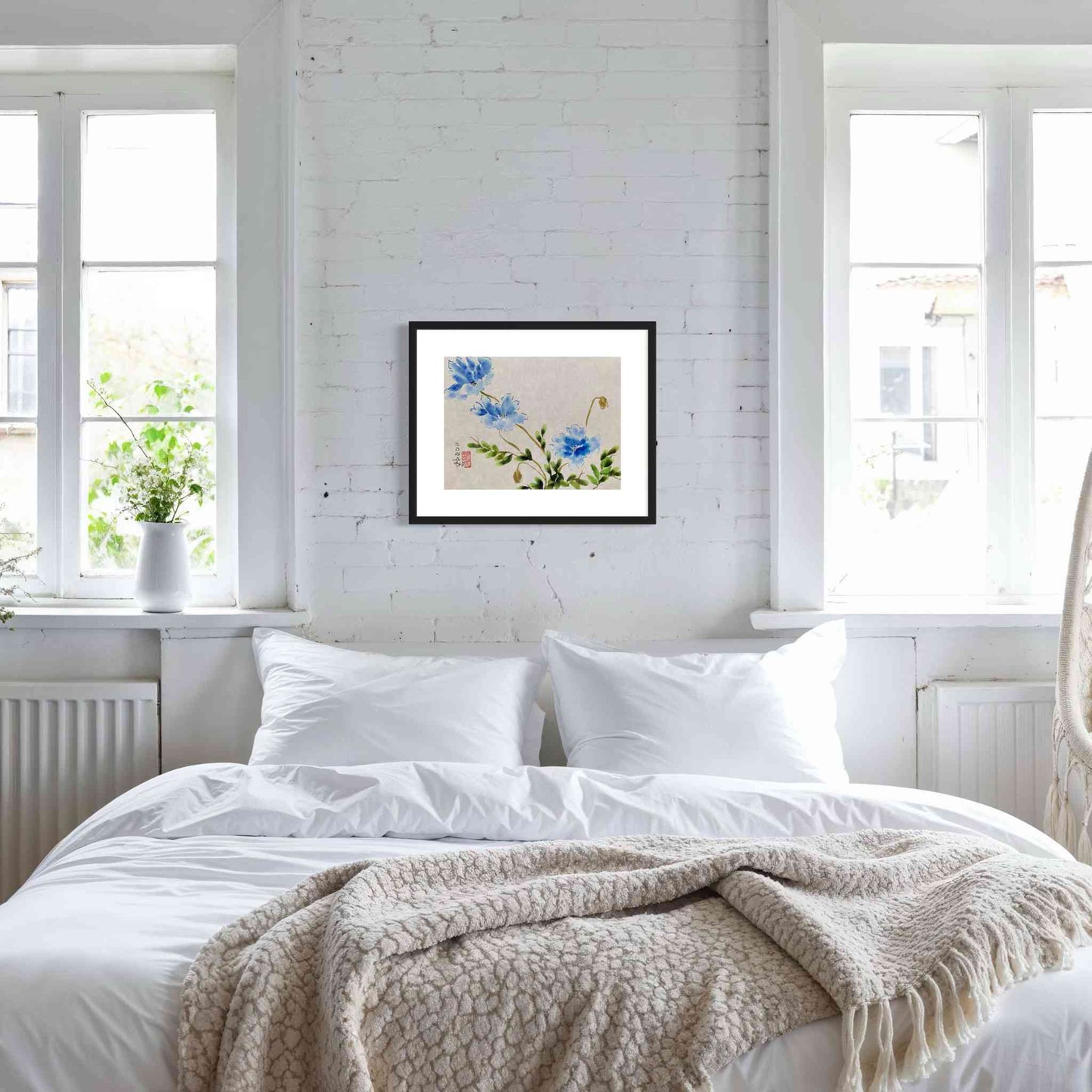 Three blue flowers, green leaves watercolor painting in white bedroom, sunny windows