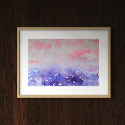 Happy Mist pink purple semi-abstract horizon watercolor, light wood frame, dark paneled background