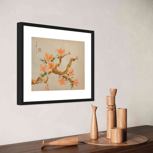 Happy peach-pink blossoms on brown branch - watercolor painting, framed, with angled closeup view