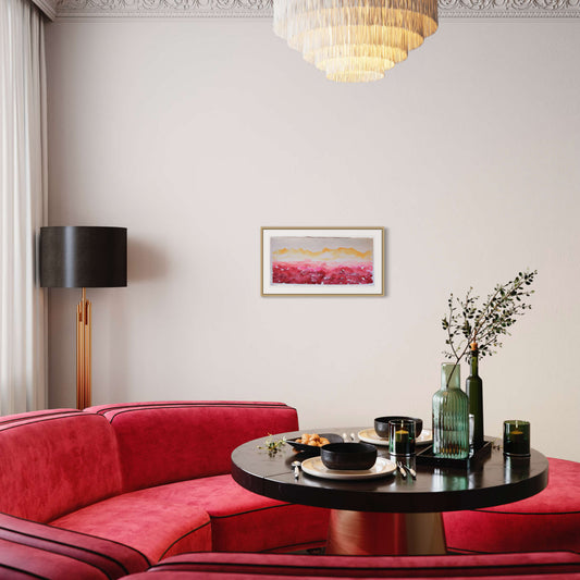 Mountain Sunrise red and yellow horizon watercolor painting in living room, red couches